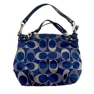COACH NAVY BLUE SIGNATURE CANVAS LOGO PRINT WITH LEATHER TRIM HANDBAG PURSE